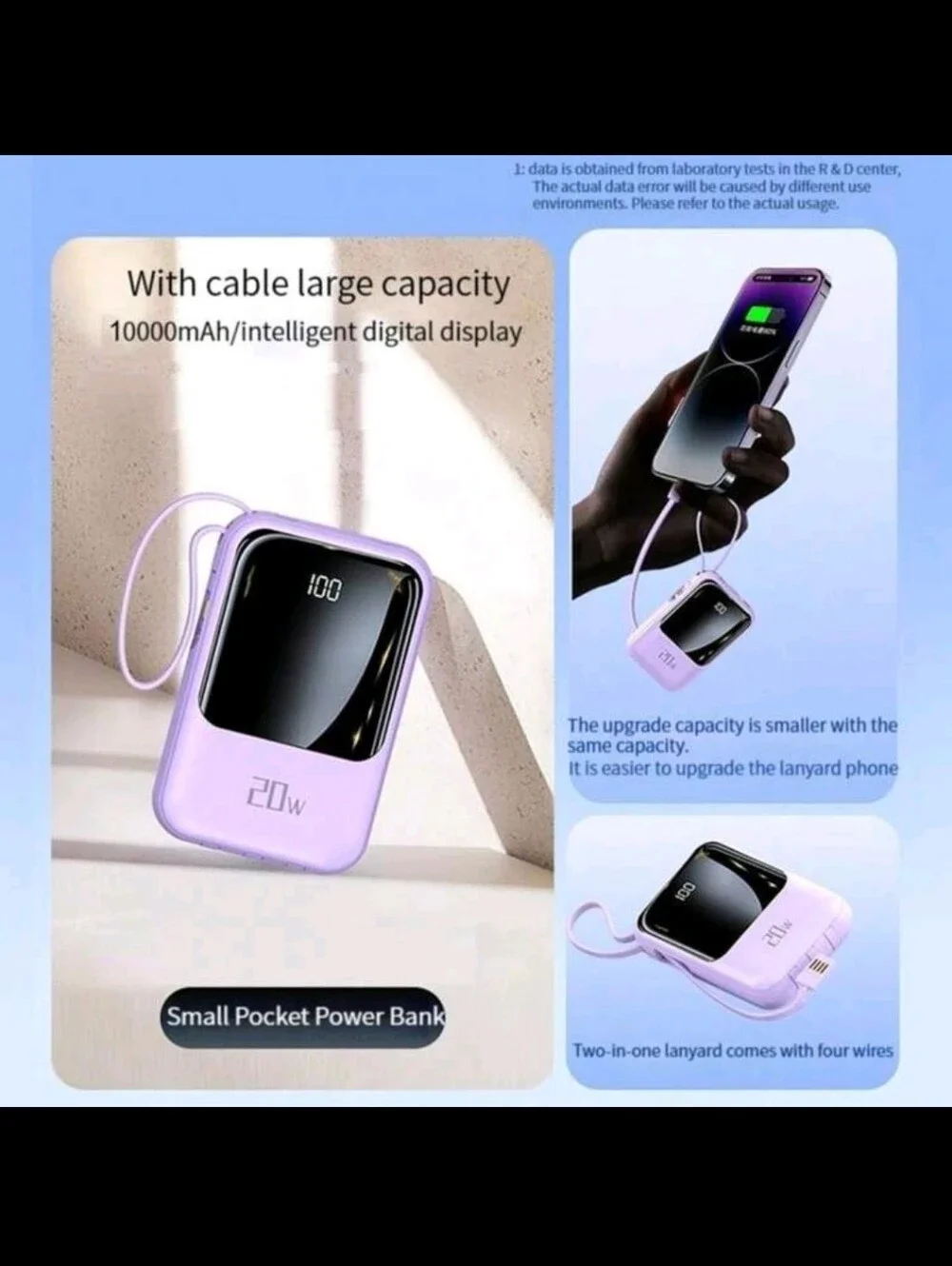 Portable Fast Charging Power Bank with Built-In Cables - Purple